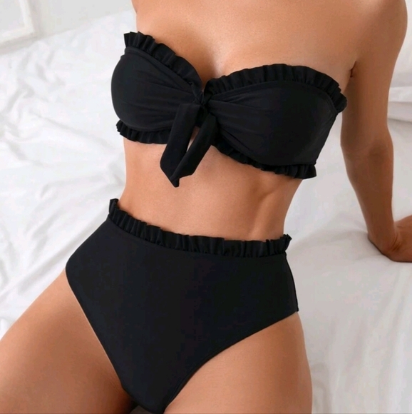 Women's Summer Beach Solid Color Ruffle Trim Bandeau Bikini Set With Front Knot - Picture 4 of 4